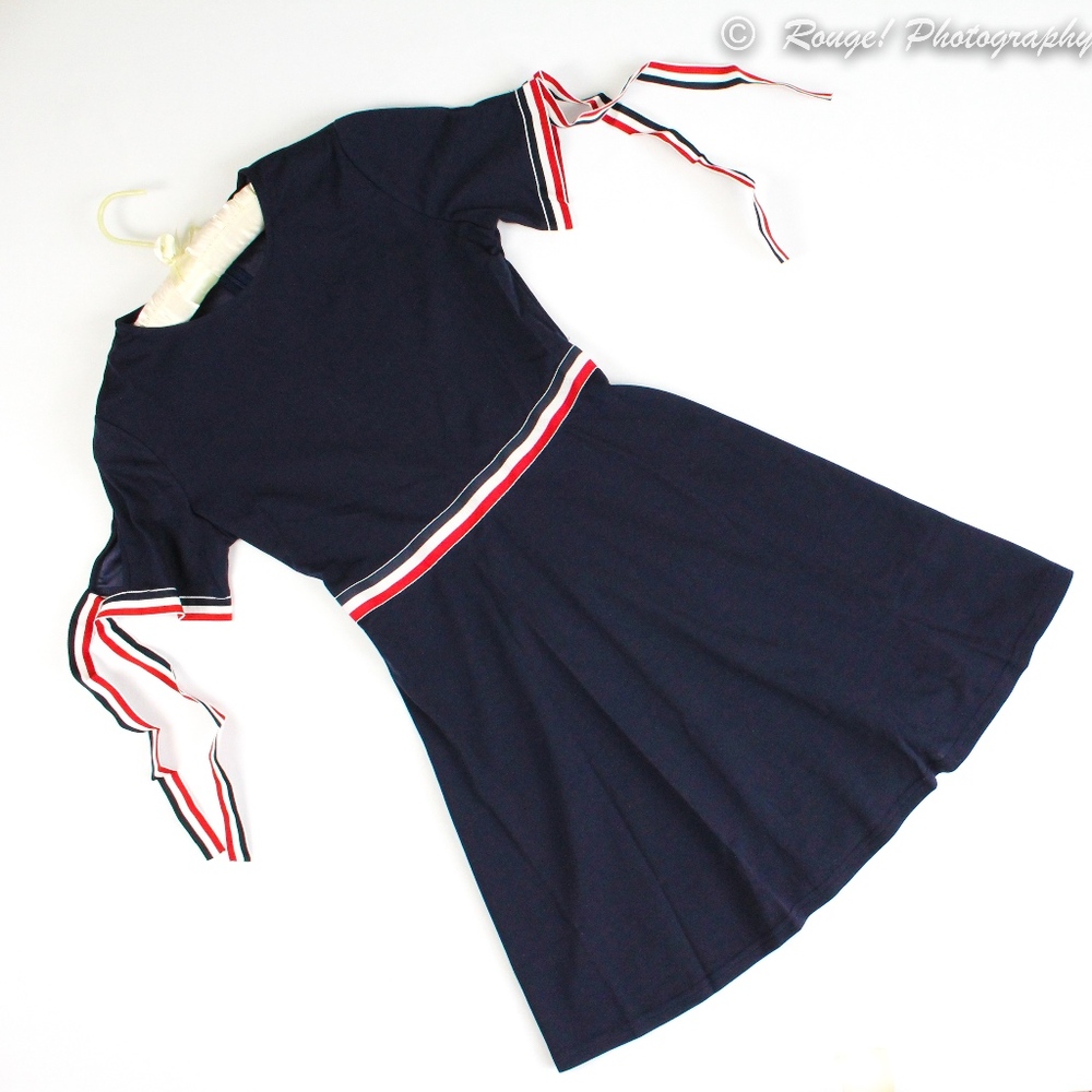 Knot Cuff Striped Fit & Flare Navy Dress - Picture 6 of 8